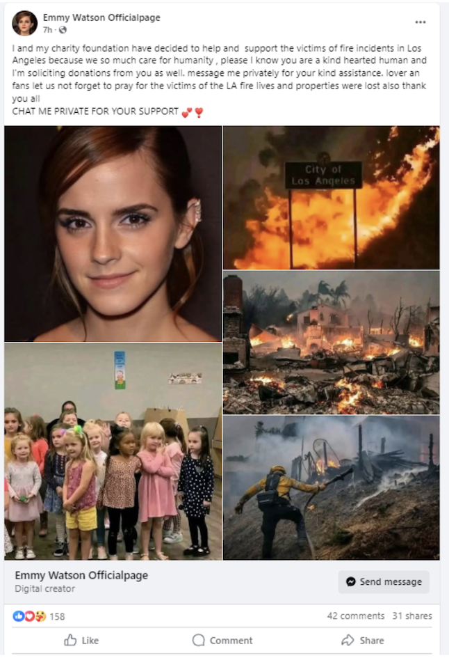 A screenshot shows Emma Watson on a fake fundraiser following the LA wildfires.